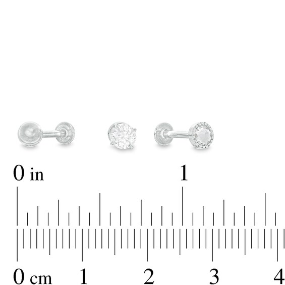 018 Gauge 4mm Cubic Zirconia and Ball Three Piece Cartilage Barbell Set in Stainless Steel