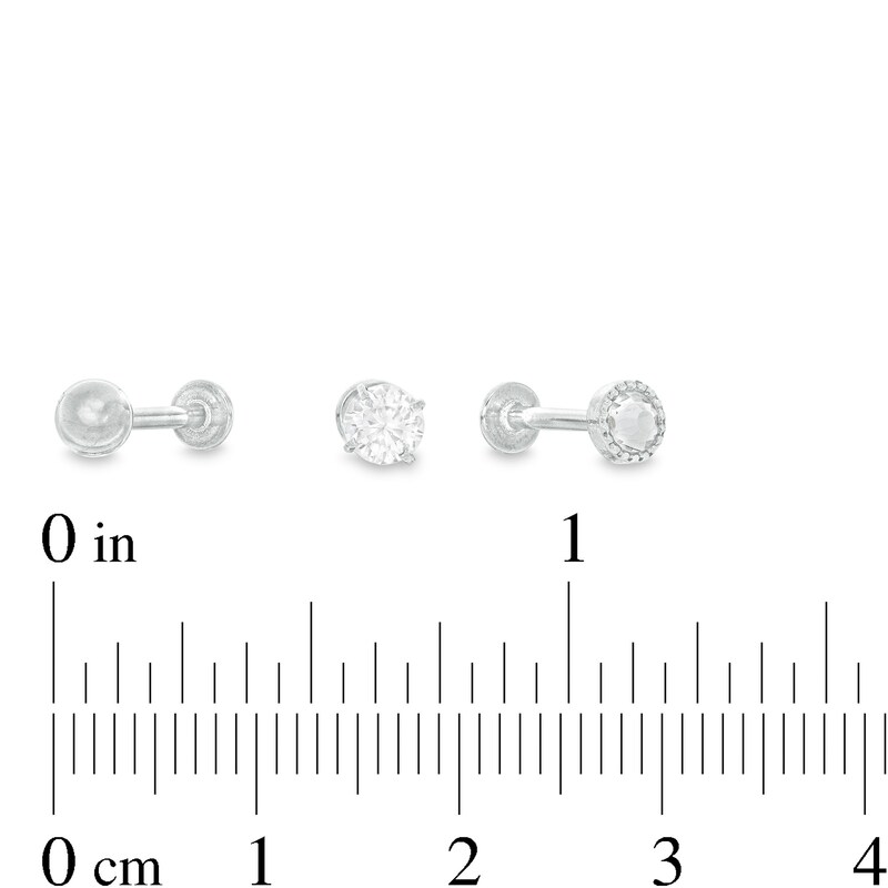 018 Gauge 4mm Cubic Zirconia and Ball Three Piece Cartilage Barbell Set in Stainless Steel