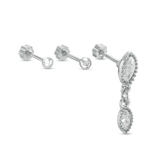 018 Gauge Marquise and Round Cubic Zirconia Bead Frame Dangle Three Piece Cartilage Barbell Set in Stainless Steel