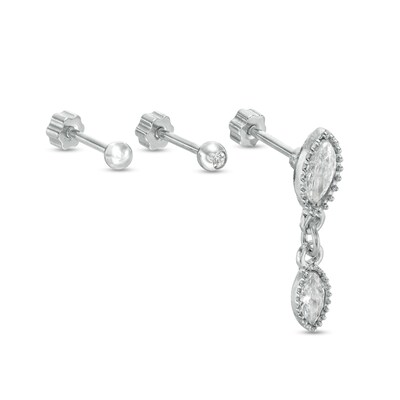 018 Gauge Marquise and Round Cubic Zirconia Bead Frame Dangle Three Piece Cartilage Barbell Set in Stainless Steel