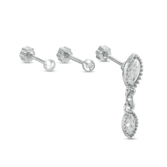018 Gauge Marquise and Round Cubic Zirconia Bead Frame Dangle Three Piece Cartilage Barbell Set in Stainless Steel
