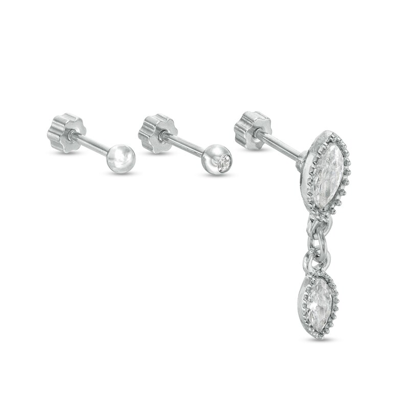 018 Gauge Marquise and Round Cubic Zirconia Bead Frame Dangle Three Piece Cartilage Barbell Set in Stainless Steel