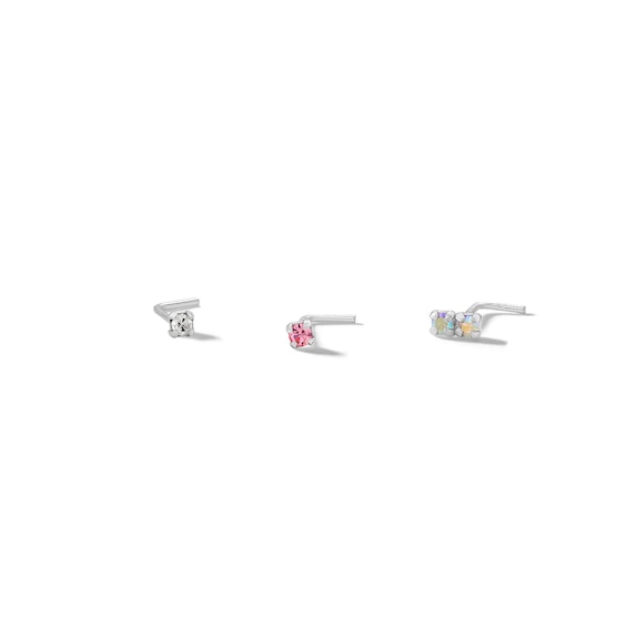 Semi-Solid Sterling Silver Crystal L-Shaped Nose Stud Set - 22G