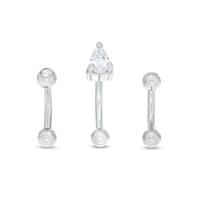 016 Gauge Pear-Shaped Cubic Zirconia and Glass Three Piece Curved Barbell Set in Stainless Steel and Brass