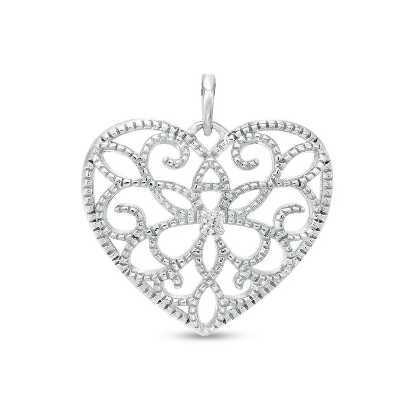 Main Image 1 of Cubic Zirconia Filigree Vintage-Style Heart Necklace Charm in Sterling Silver