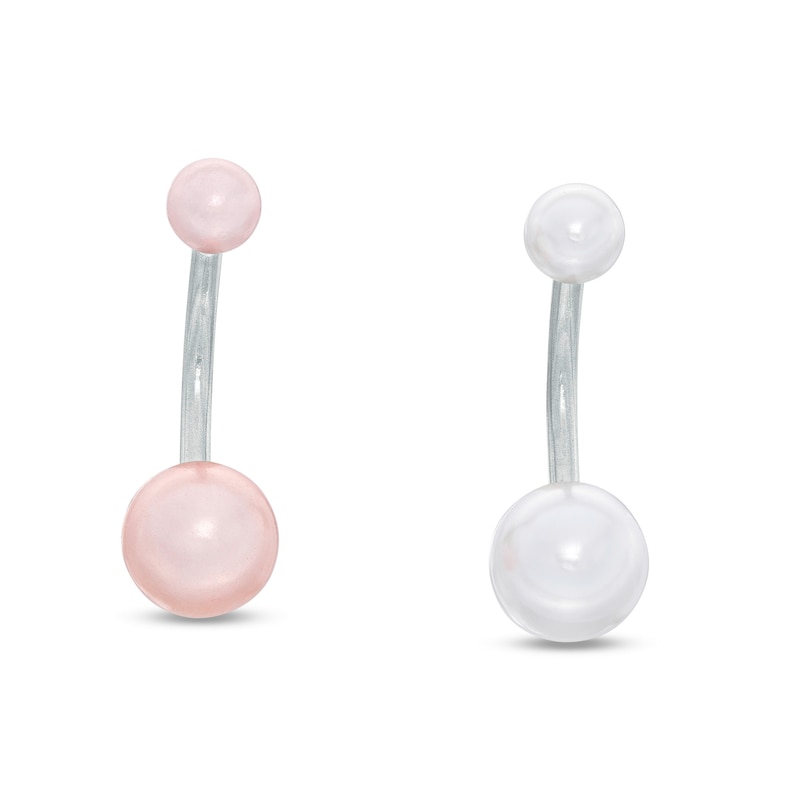 014 Gauge Pink and White Simulated Pearl Two Piece Belly Button Ring Set in Stainless Steel