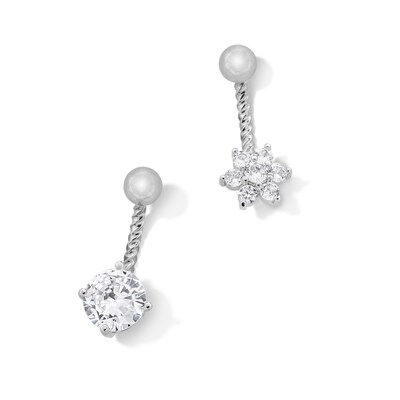 Solid Stainless Steel and Brass CZ Solitaire and Flower Textured Belly Button Ring Set - 14G