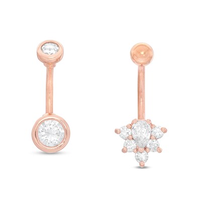 Rose Ion Plated Solitaire and Floral Belly Button Ring Set - 14G