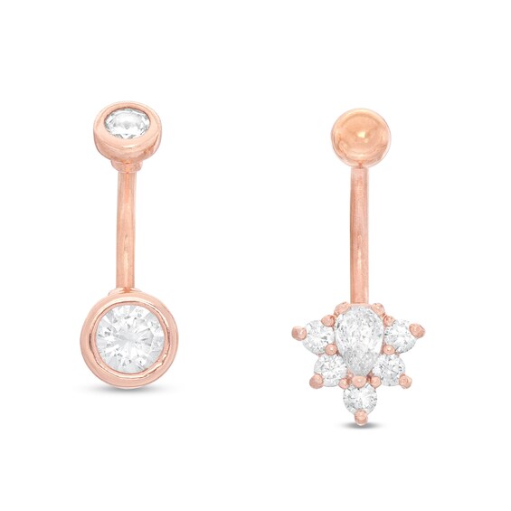 Rose Ion Plated Solitaire and Floral Belly Button Ring Set - 14G