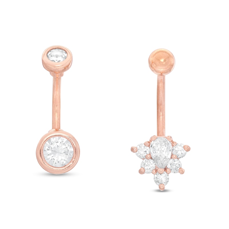 Rose Ion Plated Solitaire and Floral Belly Button Ring Set - 14G