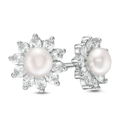 5mm Simulated Pearl and Pear-Shaped Cubic Zirconia Frame Flower Stud Earrings in Solid Sterling Silver