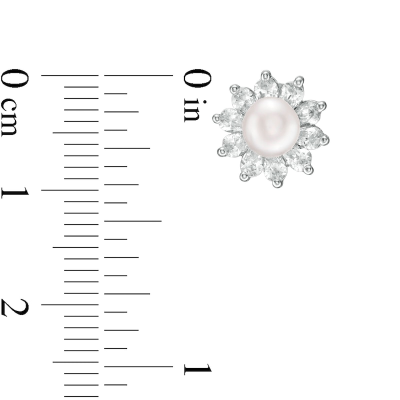 Main Image 2 of 5mm Simulated Pearl and Pear-Shaped Cubic Zirconia Frame Flower Stud Earrings in Solid Sterling Silver