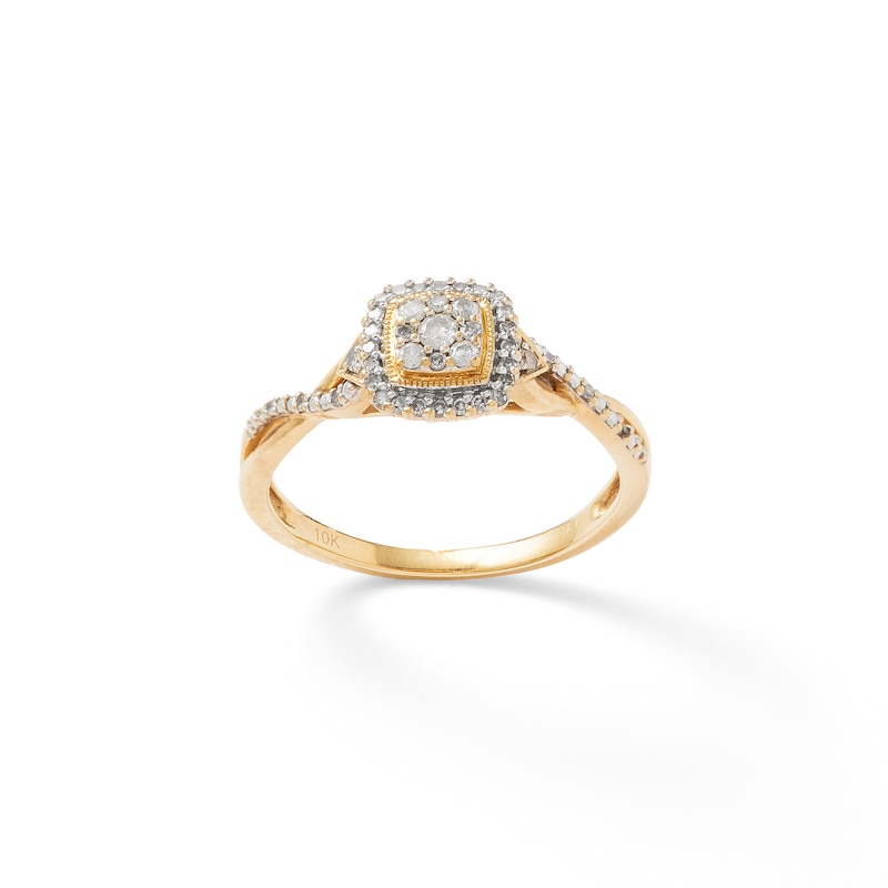 1/5 CT. T.W. Composite Diamond Cushion Frame Twist Shank Vintage-Style Promise Ring in 10K Gold