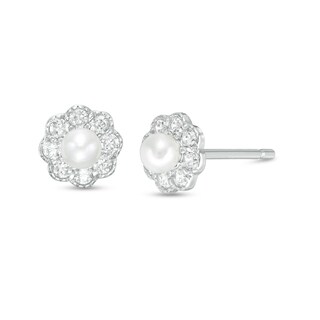 Child's Button Simulated Freshwater Pearl and Cubic Zirconia Frame Flower Stud Earrings in Sterling Silver