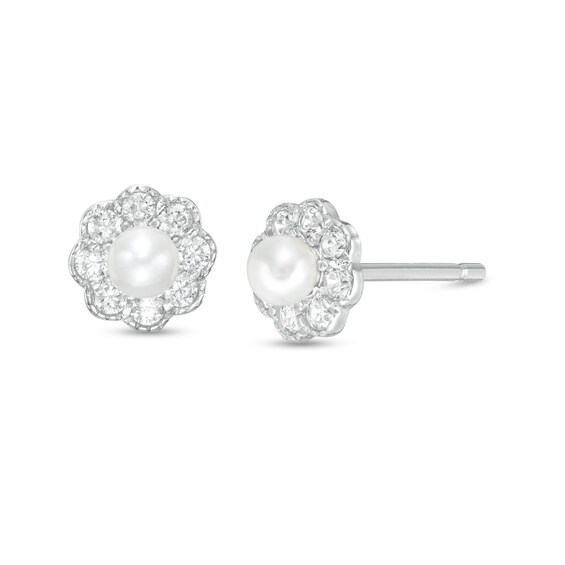 Child's Button Simulated Freshwater Pearl and Cubic Zirconia Frame Flower Stud Earrings in Sterling Silver