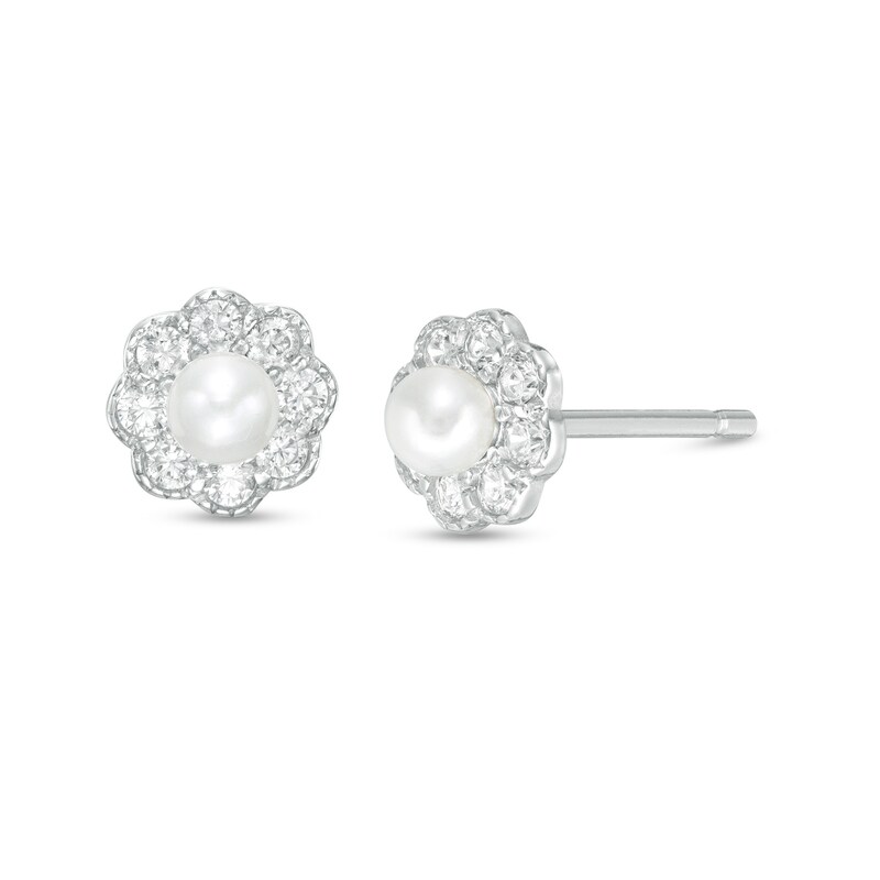 Child's Button Simulated Freshwater Pearl and Cubic Zirconia Frame Flower Stud Earrings in Sterling Silver