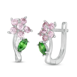 Child's Round Pink and Marquise Green Cubic Zirconia Flower Stud Earrings in Solid Sterling Silver