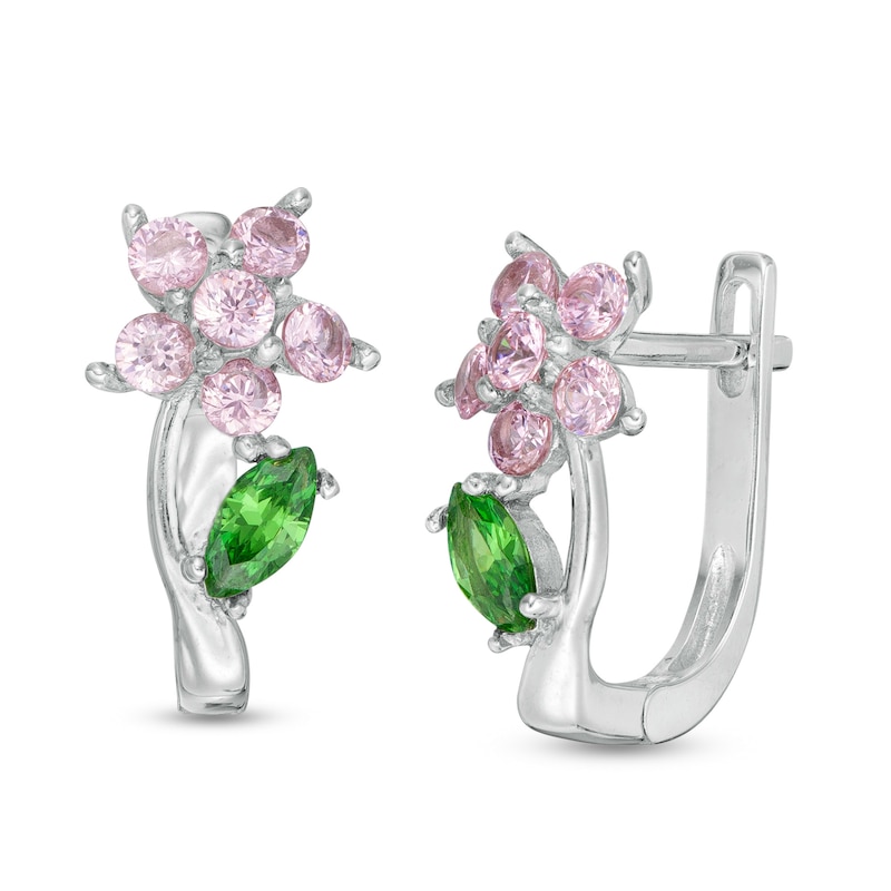Main Image 1 of Child's Round Pink and Marquise Green Cubic Zirconia Flower Stud Earrings in Solid Sterling Silver