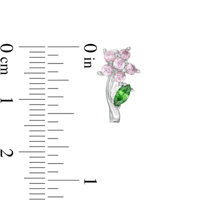 Child's Round Pink and Marquise Green Cubic Zirconia Flower Stud Earrings in Solid Sterling Silver