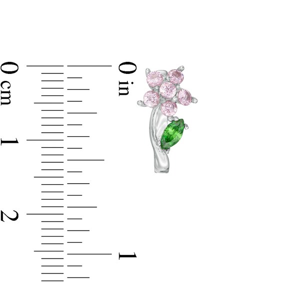 Child's Round Pink and Marquise Green Cubic Zirconia Flower Stud Earrings in Solid Sterling Silver