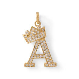 Cubic Zirconia &quot;A&quot; Initial with Tilted Crown Necklace Charm in 10K Solid Gold