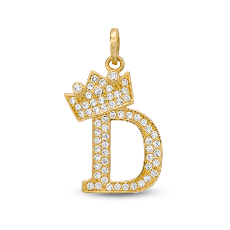 Cubic Zirconia "D" Initial with Tilted Crown Necklace Charm in 10K Solid Gold