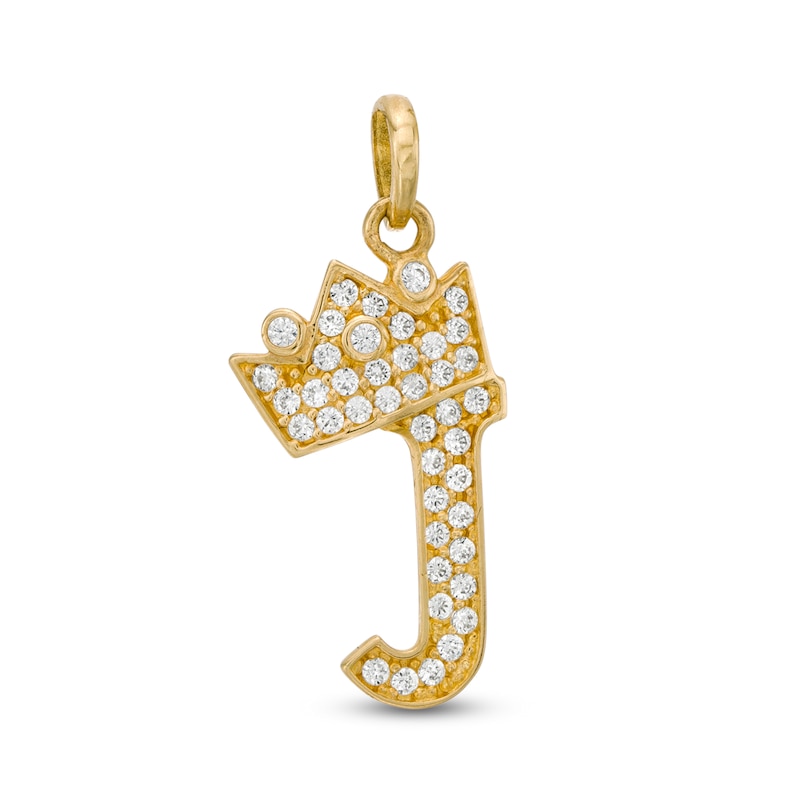 Cubic Zirconia "J" Initial with Tilted Crown Necklace Charm in 10K Solid Gold