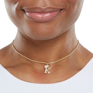 Cubic Zirconia "K" Initial with Tilted Crown Necklace Charm in 10K Solid Gold
