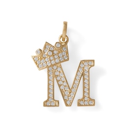 Cubic Zirconia &quot;M&quot; Initial with Tilted Crown Necklace Charm in 10K Solid Gold