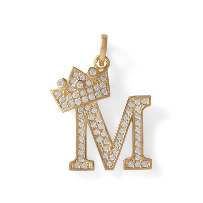 Cubic Zirconia "M" Initial with Tilted Crown Necklace Charm in 10K Solid Gold