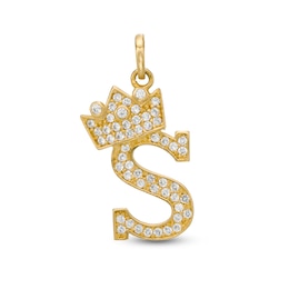 Cubic Zirconia &quot;S&quot; Initial with Tilted Crown Necklace Charm in 10K Solid Gold