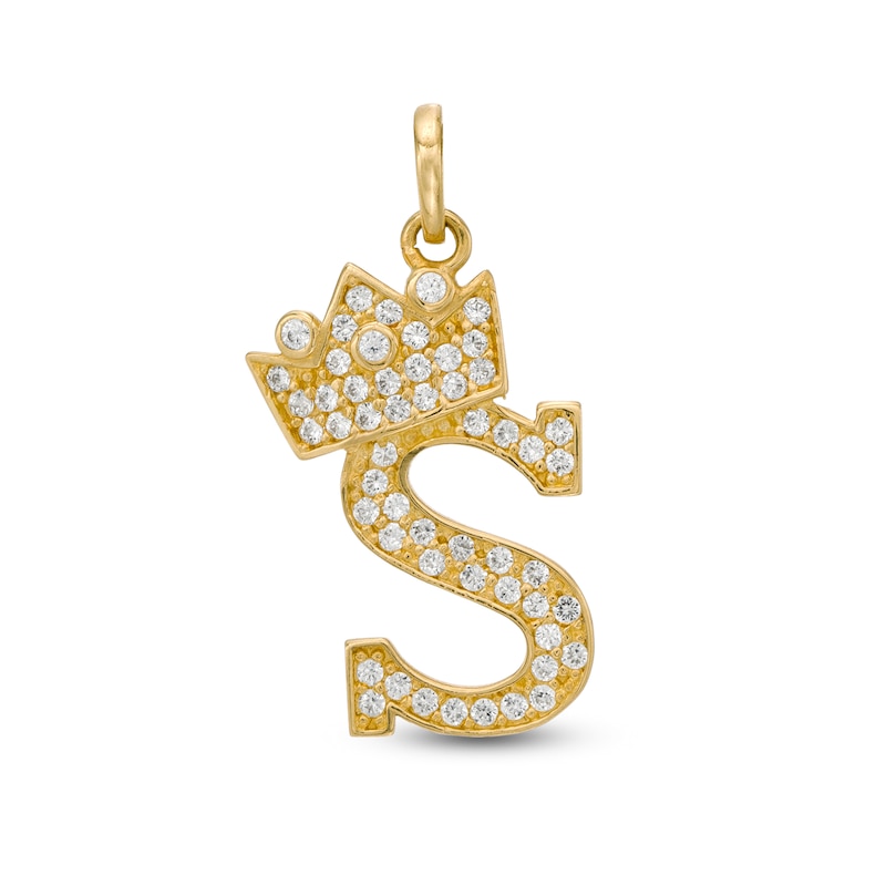 Cubic Zirconia "S" Initial with Tilted Crown Necklace Charm in 10K Solid Gold