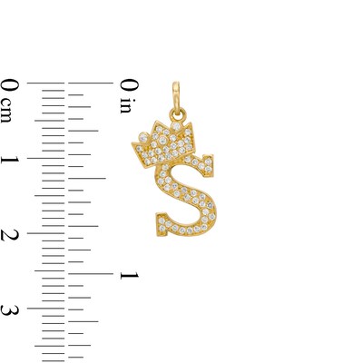 Cubic Zirconia "S" Initial with Tilted Crown Necklace Charm in 10K Solid Gold