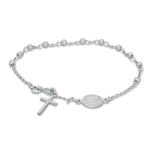 Diamond-Cut Sideways Virgin Mary Medallion and Cross Bead Station Bracelet in Sterling Silver