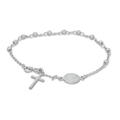 Diamond-Cut Sideways Virgin Mary Medallion and Cross Bead Station Bracelet in Sterling Silver