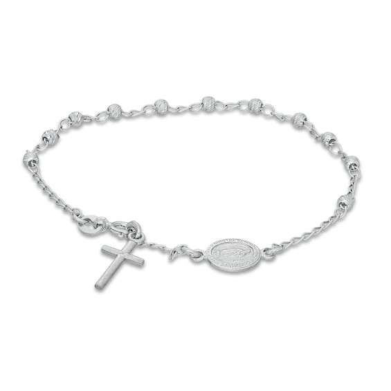 Diamond-Cut Sideways Virgin Mary Medallion and Cross Bead Station Bracelet in Sterling Silver