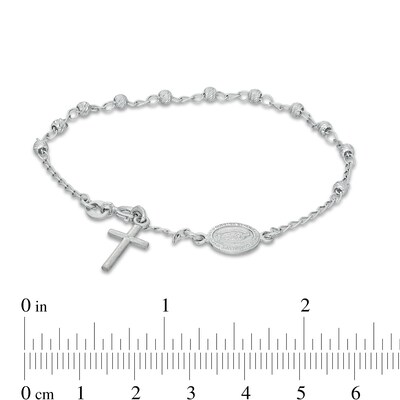 Diamond-Cut Sideways Virgin Mary Medallion and Cross Bead Station Bracelet in Sterling Silver