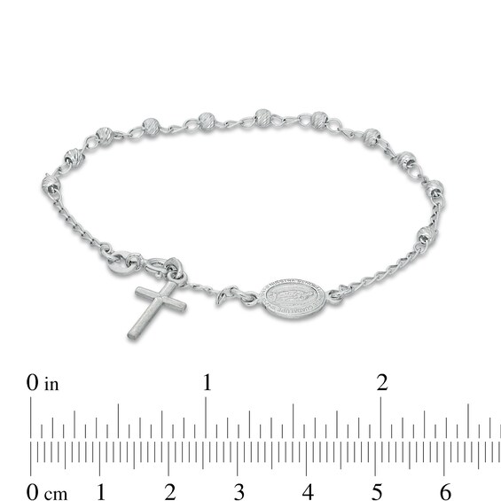 Diamond-Cut Sideways Virgin Mary Medallion and Cross Bead Station Bracelet in Sterling Silver