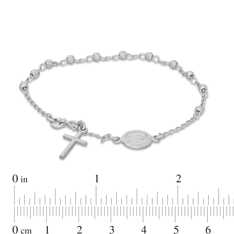 Diamond-Cut Sideways Virgin Mary Medallion and Cross Bead Station Bracelet in Sterling Silver