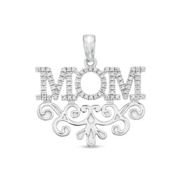 Cubic Zirconia &quot;MOM&quot; Filigree Swirl Necklace Charm in Sterling Silver