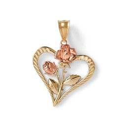 Diamond-Cut Double Rose Heart Necklace Charm in 10K Solid Two-Tone Gold