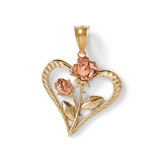 Diamond-Cut Double Rose Heart Necklace Charm in 10K Solid Two-Tone Gold