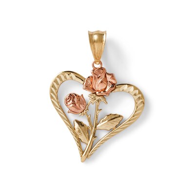 Diamond-Cut Double Rose Heart Necklace Charm in 10K Solid Two-Tone Gold