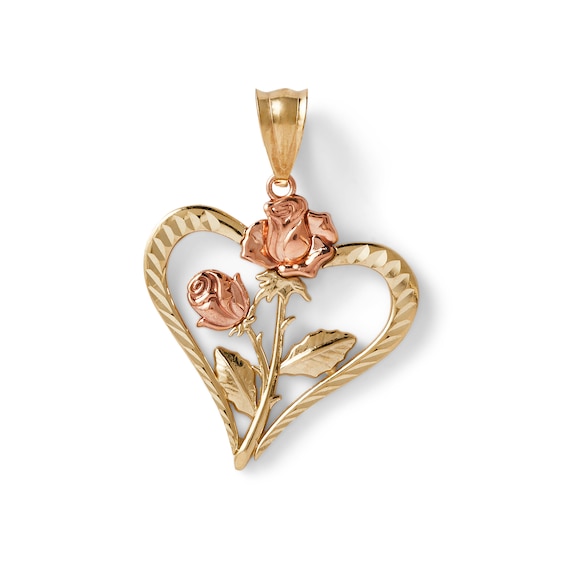 Diamond-Cut Double Rose Heart Necklace Charm in 10K Solid Two-Tone Gold