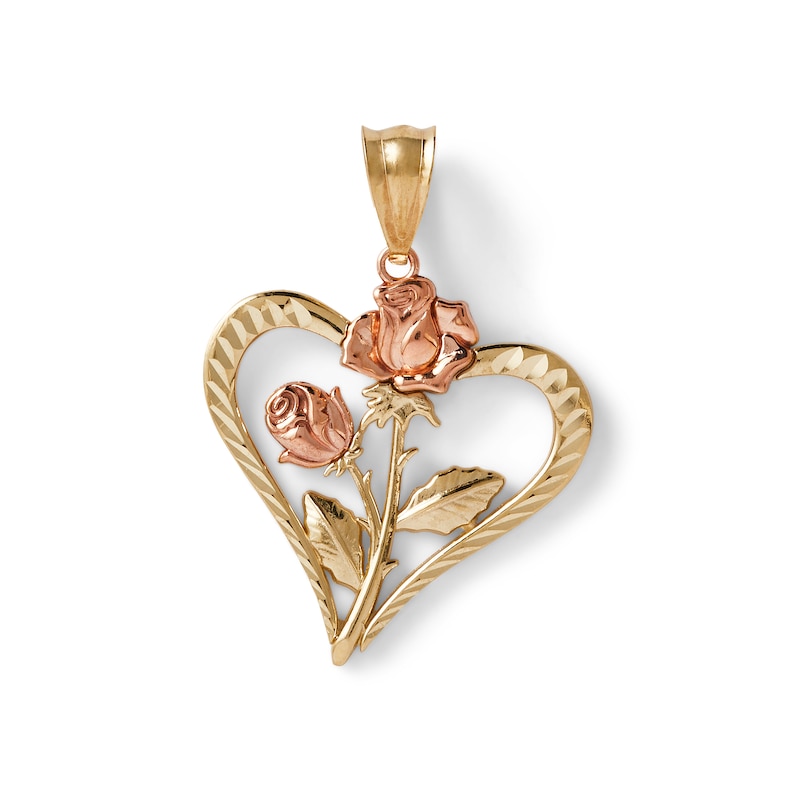 Diamond-Cut Double Rose Heart Necklace Charm in 10K Solid Two-Tone Gold