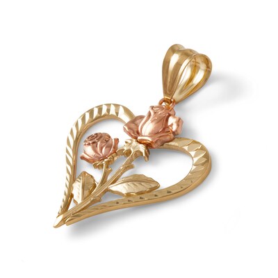 Diamond-Cut Double Rose Heart Necklace Charm in 10K Solid Two-Tone Gold