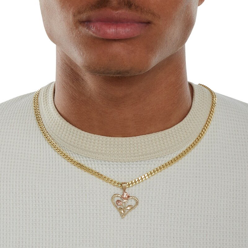 Diamond-Cut Double Rose Heart Necklace Charm in 10K Solid Two-Tone Gold