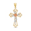 Thumbnail Image 0 of Diamond-Cut Rose and Beaded Gothic-Style Open Cross Tri-Tone Necklace Charm in 10K Gold