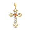 Diamond-Cut Rose and Beaded Gothic-Style Open Cross Tri-Tone Necklace Charm in 10K Gold