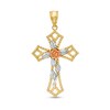 Thumbnail Image 0 of Diamond-Cut Rose and Beaded Gothic-Style Open Cross Tri-Tone Necklace Charm in 10K Gold